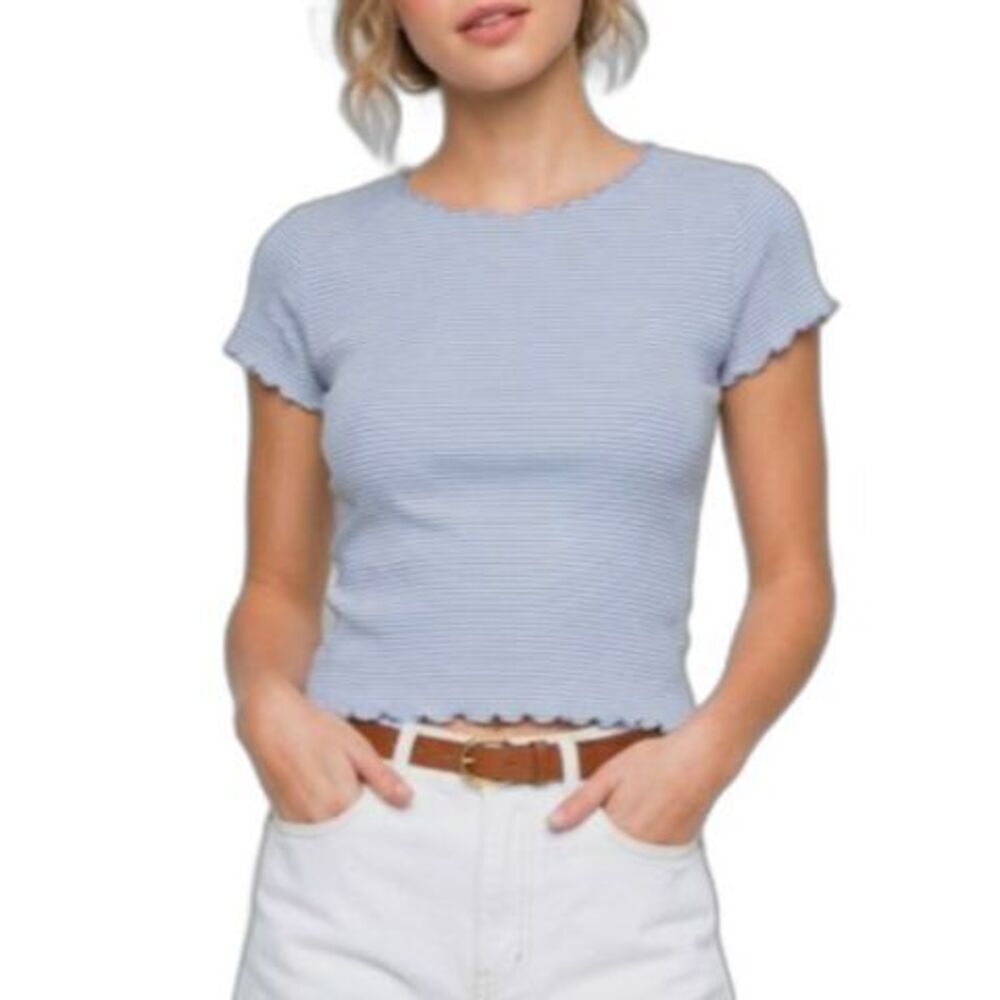 Brandy Melville Blue White Stripe Short Sleeve Cropped Y2K Baby Tee One Size